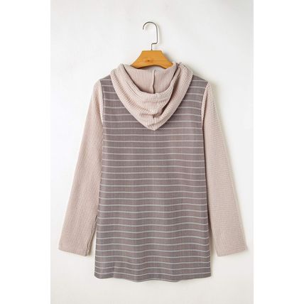 Gray Textured Knit Colorblock Striped Henley Hooded Top