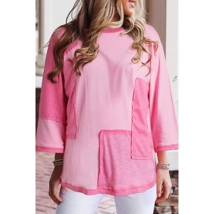 Bonbon Oversized Patched High Low Bracelet Sleeve Plus Size T Shirt