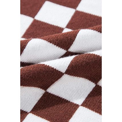 Brown Checkered Print Drop Shoulder Round Neck Sweater
