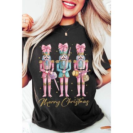Black Nutcracker Merry Christmas Printed Crewneck T Shirt