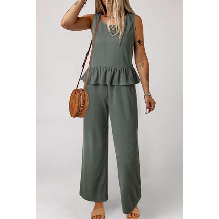 Duffel Green Solid Color Ribbed Ruffle Tank Top and Pants Set