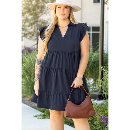 Navy Blue Collared V Neck Flutter Sleeve Tiered Plus Size Dress