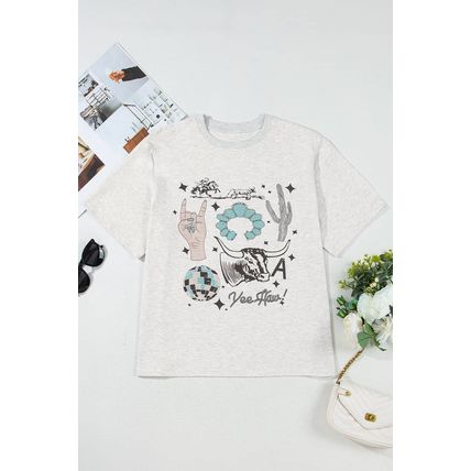Light Grey Yee Haw Western Fashion Print Plus Size Tee