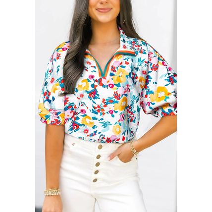 Peacock Blue Floral Print Slit V Neck Short Sleeve Blouse
