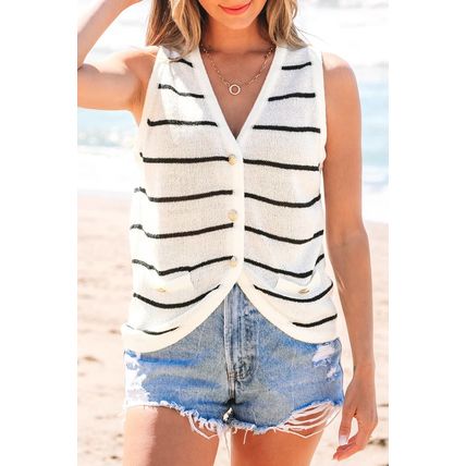 Black Stripe Buttoned V Neck Slim Fit Sweater Vest