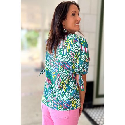 Green Abstract Print Knotted Short Sleeve Plus Size Blouse