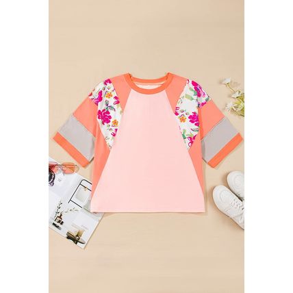 Orange Plus Size Floral Print Patchwork Raglan Half Sleeve Top