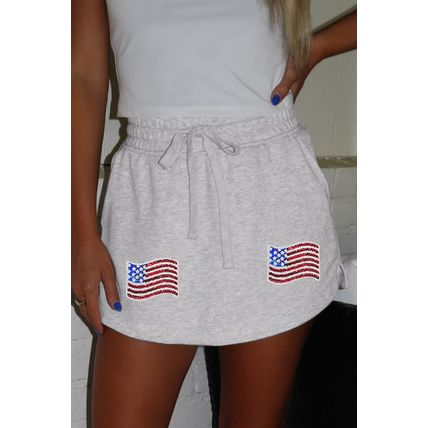 Light Grey American Flag Patched Lace-up High Waist Skort