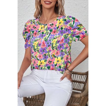 Purple Floral Print Puff Short Sleeve Crew Neck Blouse