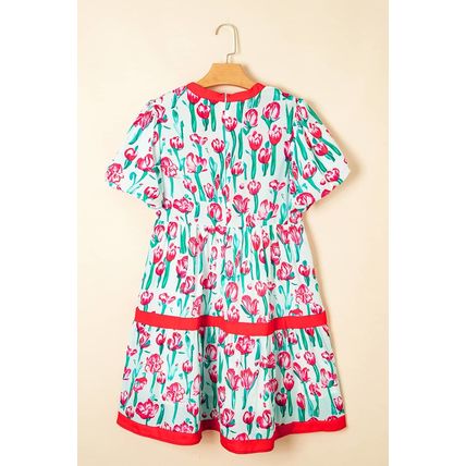 Pink Floral Print Contrast Trim V Neck Bubble Short Sleeve Babydoll Dress