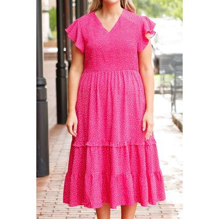 Rose Polka Dot Print Ruffled Smocked High Waist Plus Midi Dress