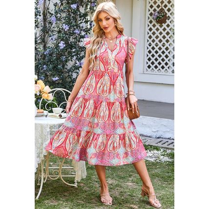 Rose Tribal Paisley Print Ruffled Sleeve Notch Neck Midi Dress