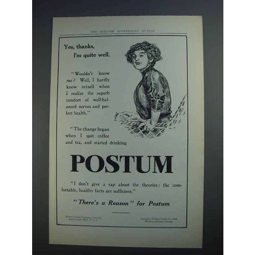 1912 Postum Cereal Ad - Yes, Thanks, I'm Quite Well