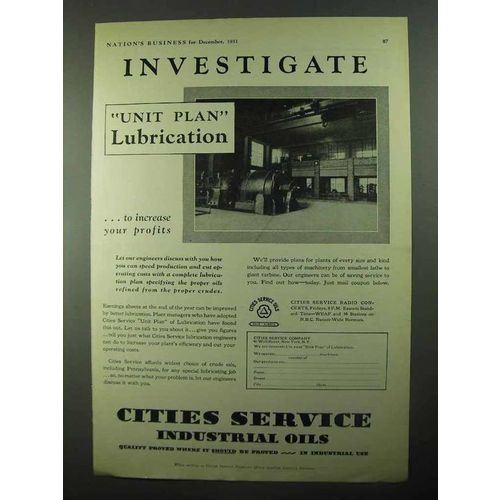 1931 Cities Service Industrial Oils Ad - Investigate