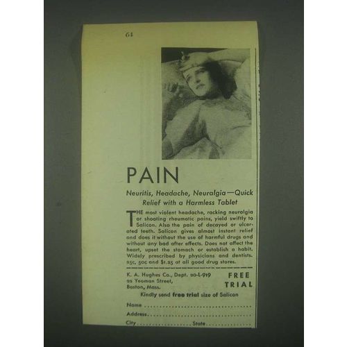 1931 K.A. Hughes Salicon Ad - Pain Neuritis, Headache