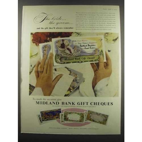 1957 Midland Bank Gift Cheques Ad - The bride.. The groom