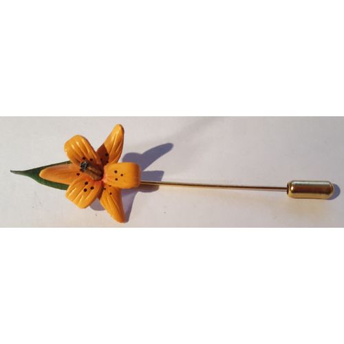 Vintage Hat Pin or Brooch Tiger Lily Flower with a Green Leaf & Gold Colored Pin