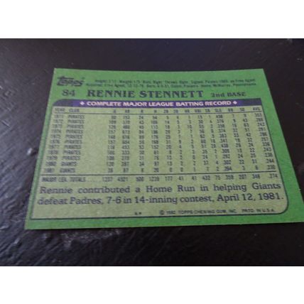 1982 Topps Card # 084A Rennie Stennett Excellent-Mint (6) San Francisco Giants