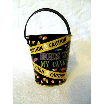 12 SMALL HANDS OFF MY CANDY CAUTION TAPE HALLOWEEN METAL TREAT BUCKETS