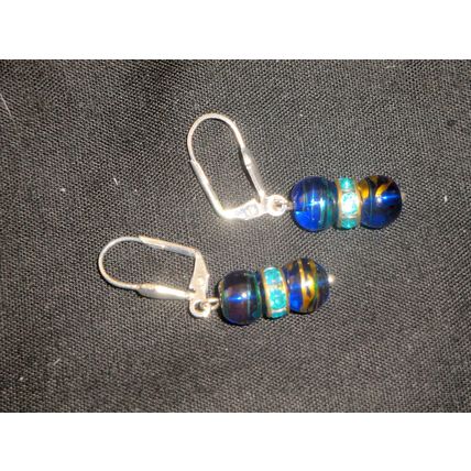 Asian abstract paint round dark blue glass LB earrings with turquoise crystals