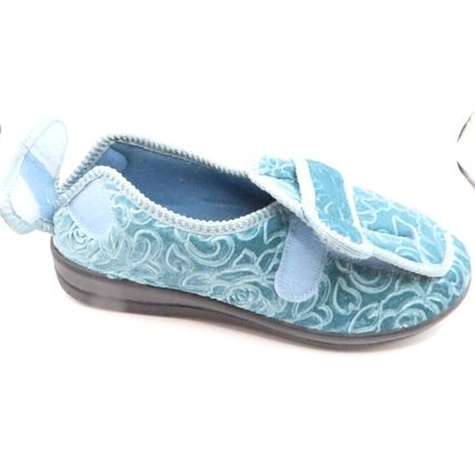 Ladies Slipper Teal Blue Velour Close Fitting Adjustable Side Back Panel Size 7