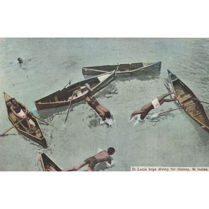 St Lucia Carribean Boys Diving For Money Canoe Boats Postcard