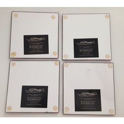 Ed Hardy Glass Skull Drink Coasters Square Set of 4 Christain Audigier Design