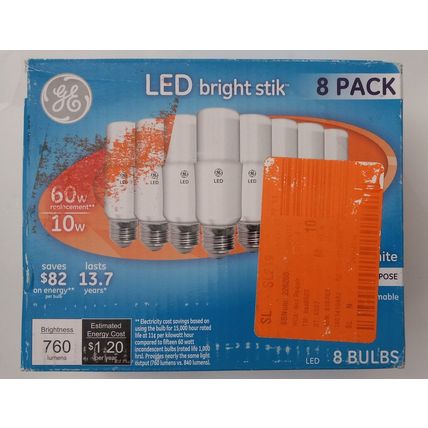 8 Pack GE LED Bright Stik 2850K Warm White 60W Equivalent 10W 760 Lumens