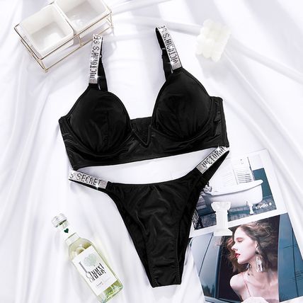 Sexy Push Up Deep V Letter Rhinestones Bra Set Women Breathable Underwear Set So