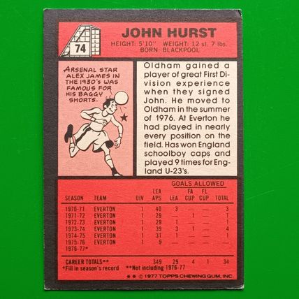 TOPPS FOOTBALL RED BACK 1977 #74 Oldham Athletic John Hurst
