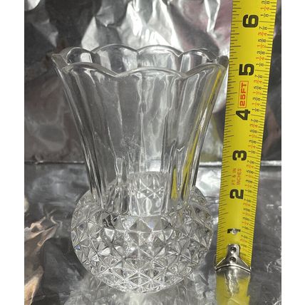 Vintage Clear Diamond Point Crystal Vase 5” Tall Footed Glass Bud Scalloped Top