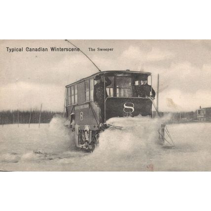 Typical Canadian Winterscene The Sweeper Snow Machine Antique Postcard