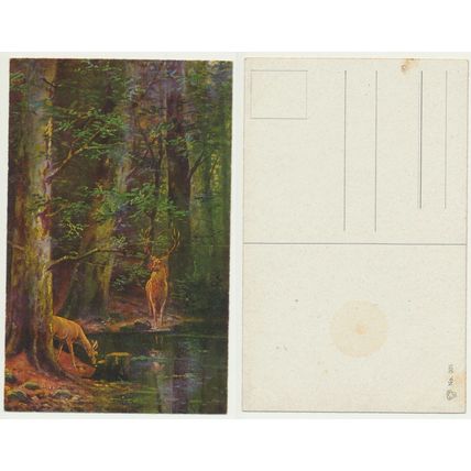 Postcard circa 1920s Deer in forest Art Painting Hermann Richter publisher 2 off