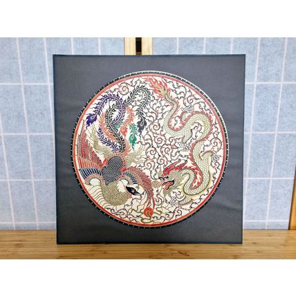 Chinese Silk Embroidered Roundel Picture, Handmade, 5 Claw Dragon, Phoenix