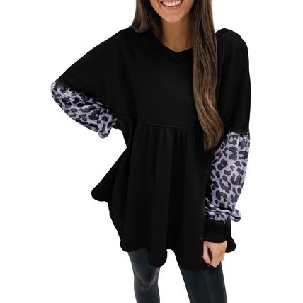 Black Leopard Splicing Sleeve Ruffle Loose Sweatshirt