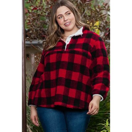 Fiery Red Plus Size Buffalo Plaid Sherpa Henley Sweatshirt