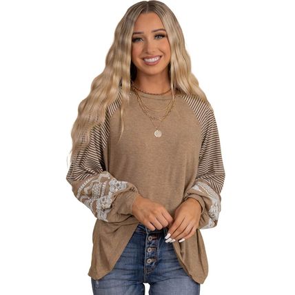 Light French Beige Floral Striped Patchwork Loose Long Sleeve Top