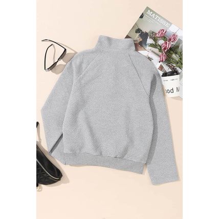 Light Grey Textured Knit Buttoned Kangaroo Pocket Sweatshirt