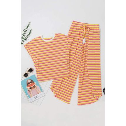 Yellow Stripe Rainbow Tee Tasseled String Wide Leg Pants Set