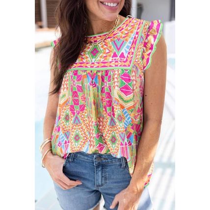 Orange Geometric Print Ruffled Trim Tank Top