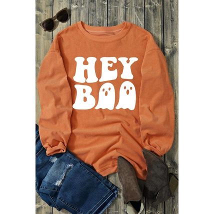 Orange Halloween Hey Boo Ghost Print Loose Sweatshirt
