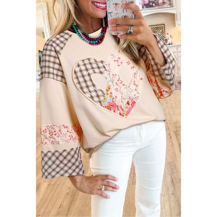 Beige Plaid Floral Peace Heart Graphic Wide Long Sleeve Top