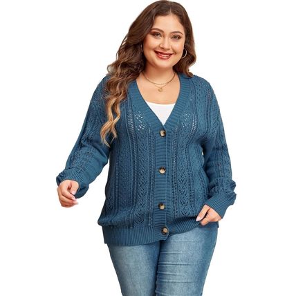 Real Teal Open Knit V Neck Button Front Drop Shoulder Plus Size Cardigan