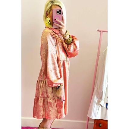 Peach Blossom Metallic Balloon Sleeve Shirt Plus Size Mini Dress