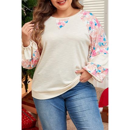 Apricot Plus Size Floral Patchwork Ribbed Puff Sleeve Top