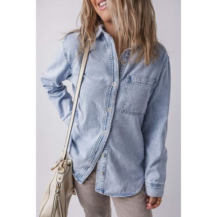 Beau Blue Long Sleeve Buttoned Chest Pocket Denim Shacket