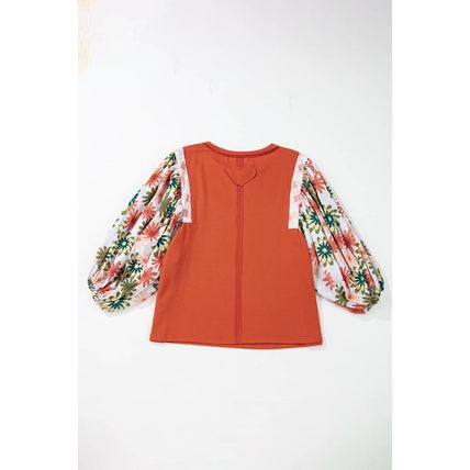 Desert Gold Floral Puff Sleeve Patchwork Round Neck Blouse