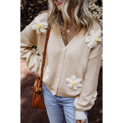 Parchment Elegant Flower Decor Button Front Cardigan