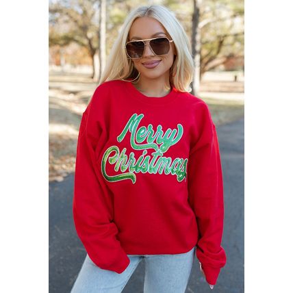 Red Merry Christmas Crewneck Drop Shoulder Loose Sweatshirt