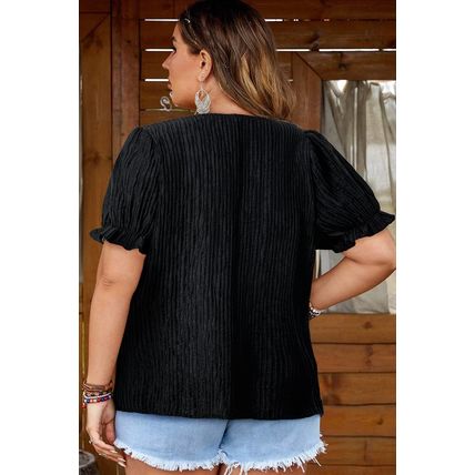 Black Floral Crochet Square Neck Ruffled Short Sleeve Flowy Plus Size Top